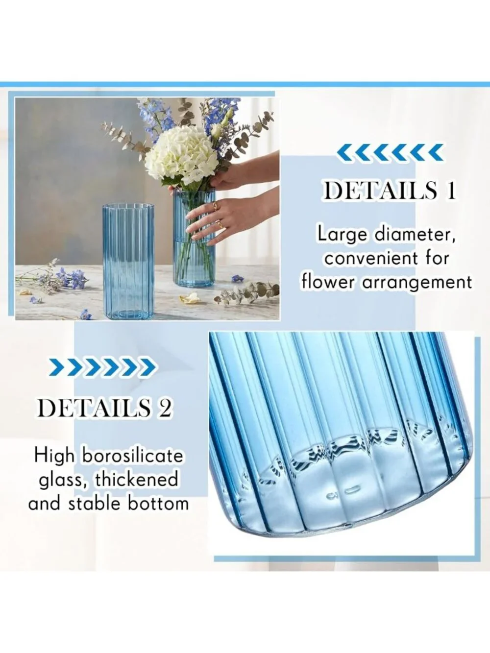 Set of 6 Blue Ribbed Glass Cylinder Vases - 8 Inch Tall Decorative Home Accents